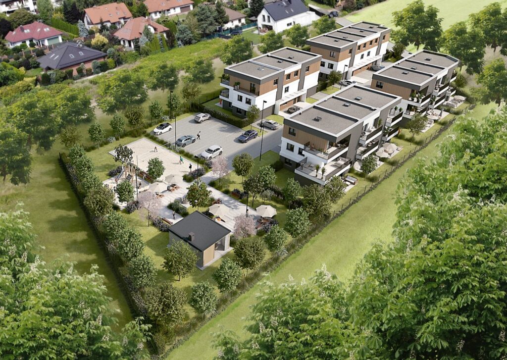 Osiedle Apartamenty Żerniki w Gliwicach z lotu ptaka — 13 budynków, ceny mieszkań od 9 900 zł za m²
